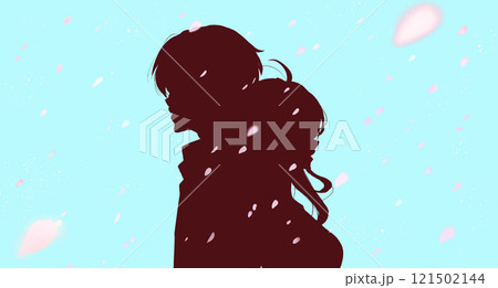 背中合わせの男女 桜吹雪 影絵 背中合わせの男女 桜吹雪 影絵 121502144