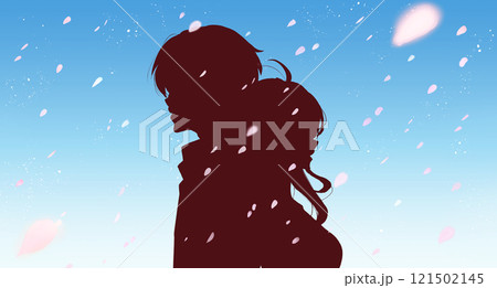 背中合わせの男女　桜吹雪　影絵 121502145