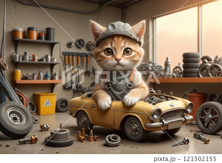 charming cat mechanic in a car repair shop fixes a car 121502155