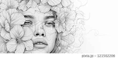 Black and white illustration of beautiful woman painting with flowers on white background. Beauty treatment banner ad, cosmetology concept 121502206