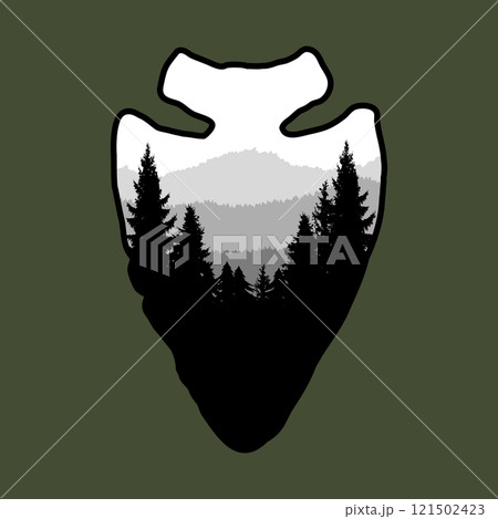 Arrowhead with mountain landscape. Design element for poster, card, banner, emblem, sign. Vector illustration Arrowhead with mountain landscape. Design element for poster, card, banner, emblem, sign. Vector illustration 121502423