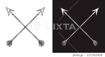 Illustration of crossed ancient arrows. Design element for poster, card, banner, emblem, sign. Vector illustration 121502426