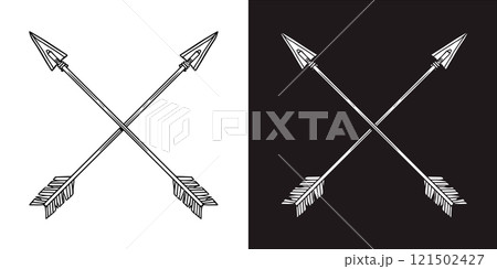 Illustration of crossed ancient arrows. Design element for poster, card, banner, emblem, sign. Vector illustration 121502427