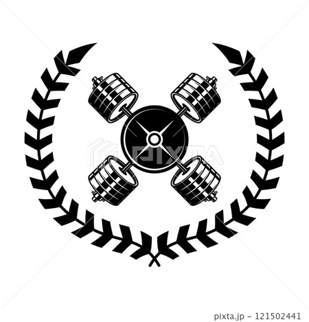 Emblem template with crossed barbells and wreath. Design element for logo, sign, emblem. Vector illustration 121502441