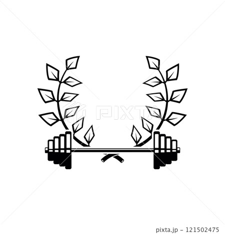 Emblem template with barbell and wreath. Design element for logo, sign, emblem. Vector illustration Emblem template with barbell and wreath. Design element for logo, sign, emblem. Vector illustration 121502475