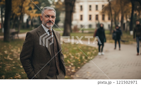 Waist up portrait of classic senior university professor with gray hair and beard wearing tweed suit and looking at camera standing in campus copy space 121502971