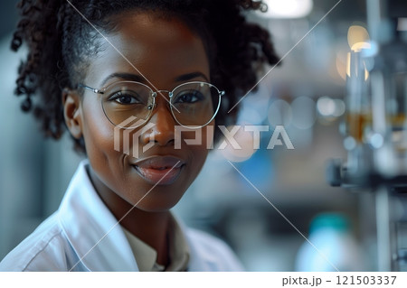 A young female scientist in a laboratory, wearing glasses and a lab coat, looking confidently at the camera. 121503337