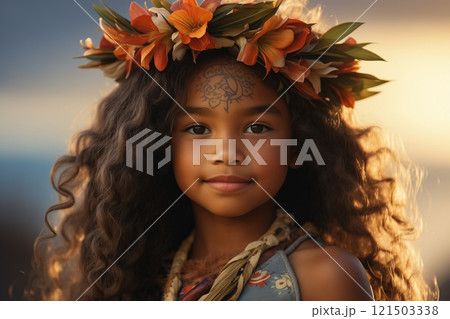 A young girl adorned with a floral crown, celebrating cultural heritage in a picturesque sunset setting. 121503338