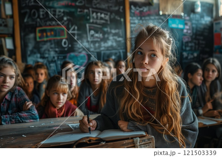 A young girl intently listens in a classroom, surrounded by classmates, capturing a moment of learning and curiosity. 121503339