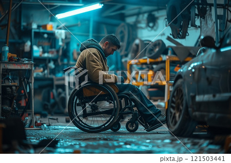 An individual in a wheelchair engages with their surroundings in a garage, symbolizing resilience and determination. 121503441