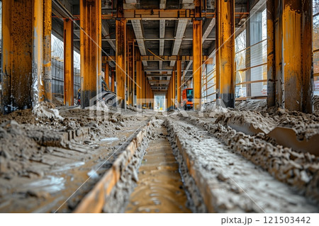 An industrial construction site with muddy tracks and pillars, showcasing the infrastructure development process. 121503442