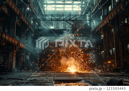 An industrial scene showcasing an active steel mill with sparks and molten metal illuminating the dark space. 121503443
