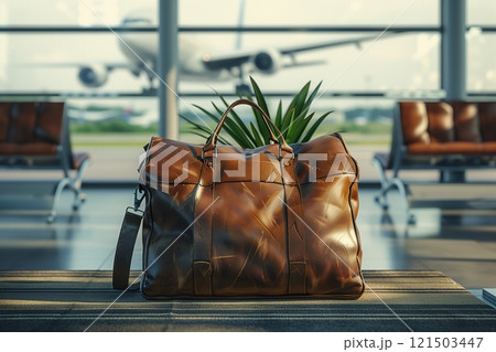 A stylish brown leather bag rests on a bench in an airport, hinting at adventure and wanderlust nearby. 121503447