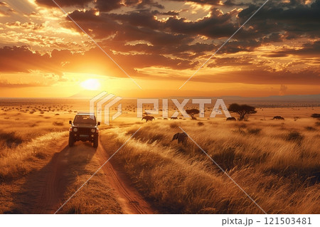 A vehicle driving through golden grassland at sunset, showcasing the stunning beauty of nature's landscape. 121503481