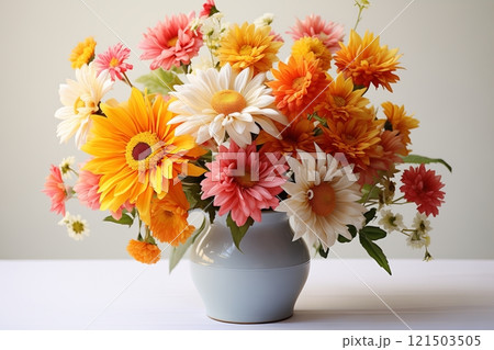 A vibrant bouquet of mixed flowers in a simple vase, showcasing bright colors and natural beauty. A vibrant bouquet of mixed flowers in a simple vase, showcasing bright colors and natural beauty. 121503505