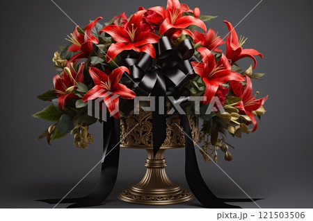 A vibrant bouquet of red lilies elegantly arranged in a classic gold vase adorned with a black ribbon. 121503506