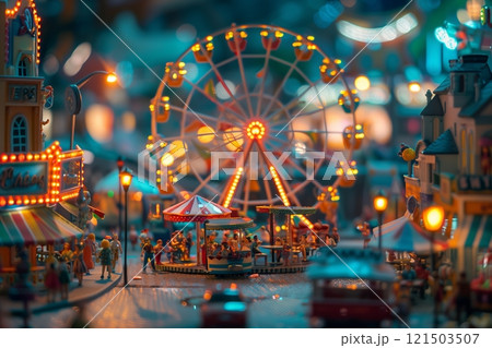 A vibrant carnival scene with colorful lights, a Ferris wheel, and bustling attractions creating joyful amusement. 121503507