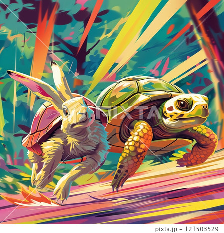 A vibrant illustration depicting a rabbit and a turtle racing through a colorful, lush forest environment. 121503529