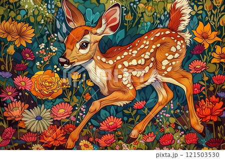 A vibrant illustration of a deer gracefully running amidst a colorful array of wildflowers in a lush garden. 121503530