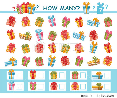 How many counting holiday present gift boxes. Children math education puzzle game. Mathematics calculation number festive cardboard surprise packaging. Kid preschool learning logical worksheet vector How many counting holiday present gift boxes. Children math education puzzle game. Mathematics calculation number festive cardboard surprise packaging. Kid preschool learning logical worksheet vector 121503586