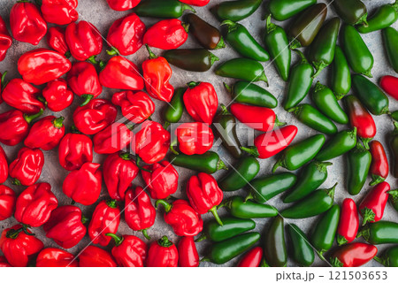 Sorted Hot Jalapeno and Habanero Peppers 121503653