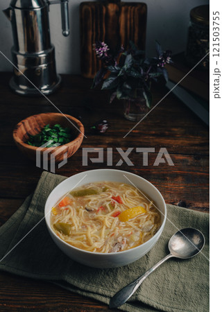 Hot Soup with Noodles, Duck and Vegetables Hot Soup with Noodles, Duck and Vegetables 121503755