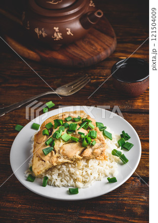 Oyakodon dish on white plate 121504009