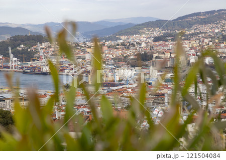 Vigo. View of the city of Vigo from Spain. View of the Atlantic coast. Atlantic Ocean. Background photo. Digital image. Panoramic view with drone. Aerial view of the port of the Spanish city of Vigo. 121504084