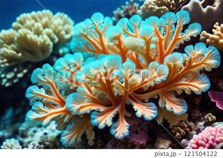 Colorful close-up view of a coral reef. Colorful close-up view of a coral reef. 121504122