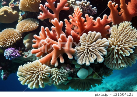 Colorful close-up view of a coral reef. Colorful close-up view of a coral reef. 121504123