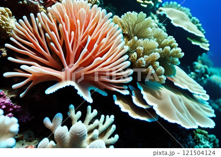 Colorful close-up view of a coral reef. Colorful close-up view of a coral reef. 121504124