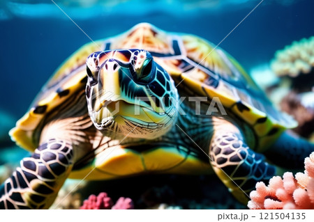 Turtle on the background of a coral reef. 121504135