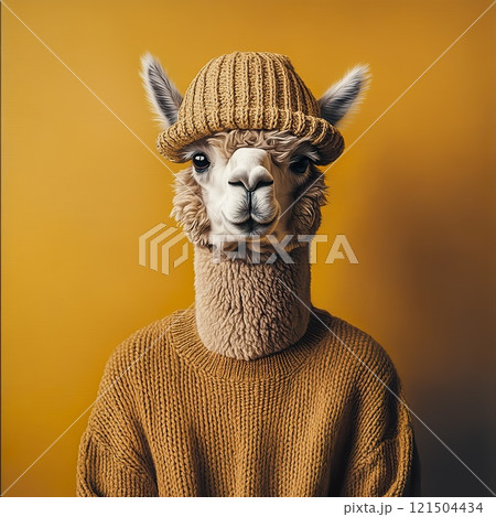 Alpaca in knit sweater and hat on yellow background. 121504434