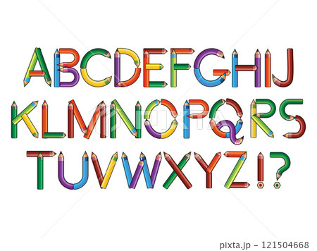 English alphabet, letters are made up of coloured pencils. Isolated on white background vector font. Element of school design English alphabet, letters are made up of coloured pencils. Isolated on white background vector font. Element of school design 121504668