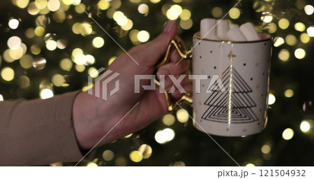Close-up of cute little girl drinking hot chocolate with marshmallows in home. Christmas mood. 121504932