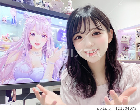 動画を撮影する女性のVtuberとディスプレイに映っているアバターのバーチャルYouTuber_2 動画を撮影する女性のVtuberとディスプレイに映っているアバターのバーチャルYouTuber_2 121504975