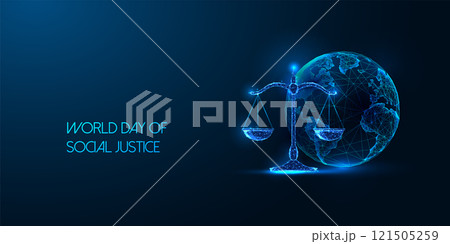 World Day of Social Justice concept with glowing Earth and scales on dark blue background. World Day of Social Justice concept with glowing Earth and scales on dark blue background. 121505259