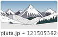 Simple flat graphic vector illustration of abstract snowy mountain landscape with snowcapped mount peaks and fir forest at winter day. Cartoon sketch concept for mountaineering or hiking tourism. 121505382
