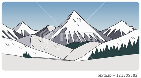Simple flat graphic vector illustration of abstract snowy mountain landscape with snowcapped mount peaks and fir forest at winter day. Cartoon sketch concept for mountaineering or hiking tourism. Simple flat graphic vector illustration of abstract snowy mountain landscape with snowcapped mount peaks and fir forest at winter day. Cartoon sketch concept for mountaineering or hiking tourism. 121505382