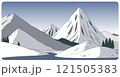 Flat graphic vector illustration of abstract snowy mountain landscape with frozen river among snowcapped peaks and mount range at winter day. Cartoon sketch for mountaineering or hiking tourism. 121505383