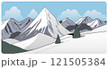 Flat graphic vector illustration of abstract snowy mountain landscape with triangular snowcapped peaks and mount range at winter day. Cartoon sketch concept for mountaineering or hiking tourism. 121505384