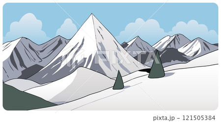 Flat graphic vector illustration of abstract snowy mountain landscape with triangular snowcapped peaks and mount range at winter day. Cartoon sketch concept for mountaineering or hiking tourism. 121505384
