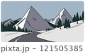 Simple flat graphic vector illustration of abstract snowy mountain landscape with road to snowcapped mount peaks and fir forest at winter day. Cartoon sketch for mountaineering or hiking tourism. 121505385