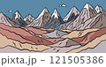 Flat cartoon graphic vector illustration of abstract mountain range landscape with colorful foothills and sharp triangular snowy mount peaks. Simple decorative sketch with rough uneven drawn outline. 121505386