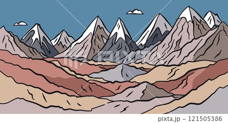 Flat cartoon graphic vector illustration of abstract mountain range landscape with colorful foothills and sharp triangular snowy mount peaks. Simple decorative sketch with rough uneven drawn outline. 121505386