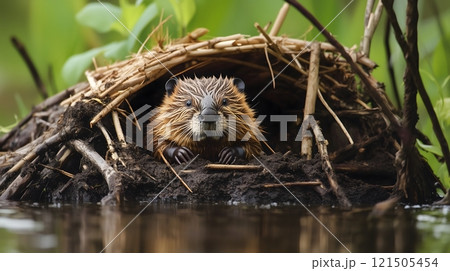Beaver Peeking Out from Its Lodge in a Serene Wetland 121505454