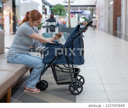 Caucasian woman petting her Jack Russell terrier dog. Shopping with a pet in the mall. Caucasian woman petting her Jack Russell terrier dog. Shopping with a pet in the mall. 121505840