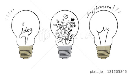 オシャレな手描きの落書きタッチの電球セット　アイデアとインスピレーション 121505846