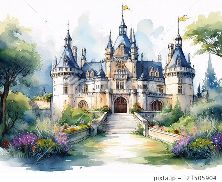A majestic castle with intricate architectural details, surrounded by lush gardens and vibrant flowers, depicted in a watercolor style A majestic castle with intricate architectural details, surrounded by lush gardens and vibrant flowers, depicted in a watercolor style 121505904