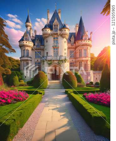 A grand, elegant castle with multiple turrets and spires, surrounded by meticulously manicured gardens and a paved pathway under a bright, partly cloudy sky A grand, elegant castle with multiple turrets and spires, surrounded by meticulously manicured gardens and a paved pathway under a bright, partly cloudy sky 121505905